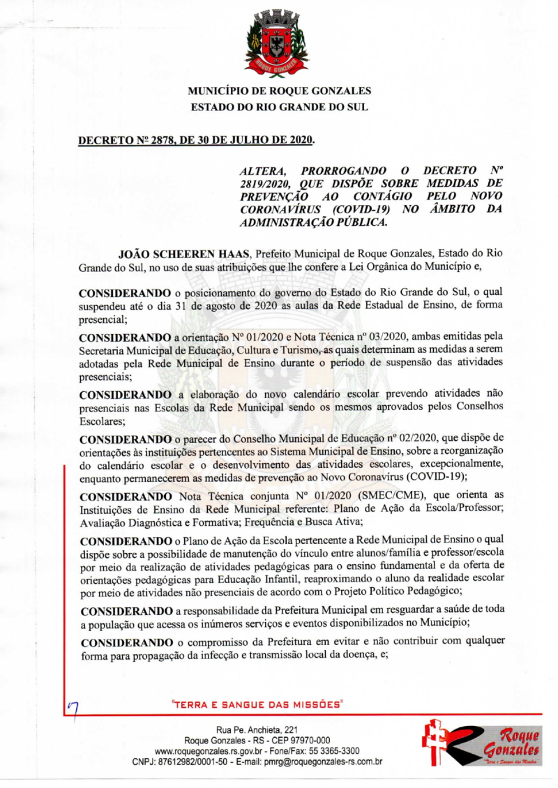 ADMINISTRAÇÃO MUNICIPAL TORNA PÚBLICO DECRETO N° 2.878, DE 30 DE JULO DE 2020